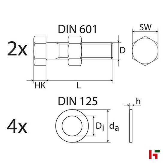 Bouten, moeren & ringen - Montageset voor Steunvoet en H-ankers, Verzinkt staal 110 mm M 10 SW 17 - SWG