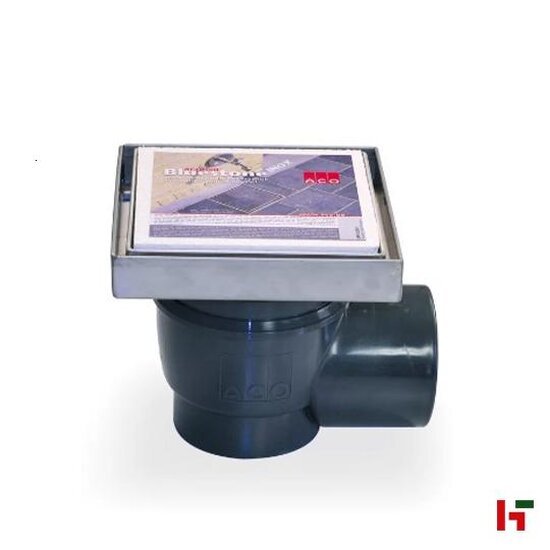 Afvoerputten - Bluestone afvoerput met betegelbaar opzetstuk 20 x 20 cm - (Hoogte 19 cm) met horizontale uitloop Inox - ACO