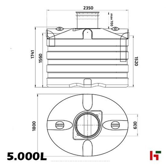 Opslag- & regenwaterputten - Septische/Regenwater put in PE - Ovaal 6.000 L - 2350 x 1800 x 2050 mm - Private label